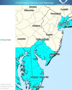 The National Weather Service has issued a Freeze Watch for Saturday morning for NASA Wallops Flight Facility, as well as neighboring areas in Maryland, Delaware, New Jersey, and New York. Image: NWS