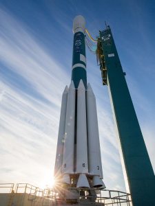 The JPSS-1 weather satellite sits atop a Delta II rocket at Vandenberg Air Force Base this week. Image: ULA