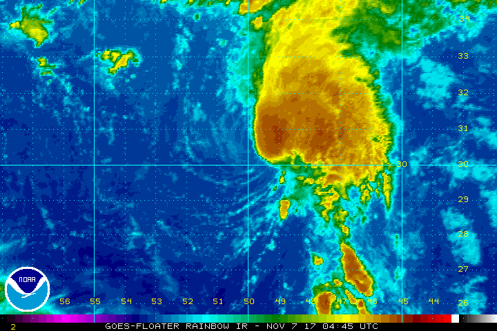 Current satellite view of Tropical Storm Rina over the central Atlantic Ocean. Image: NOAA