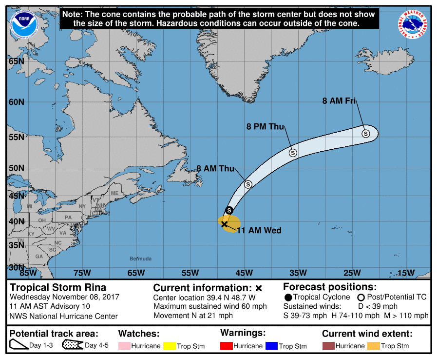 Latest forecast track for Tropical Storm Rina from the National Hurricane Center. Image: NHC