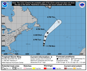 Latest official forecast track for Rina from the National Hurricane Center. Image: NHC