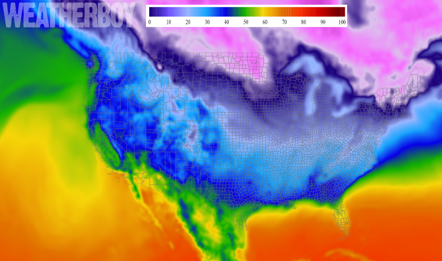 Very cold air will spill into the United States from Canada on Thursday.  Image: Weatherboy