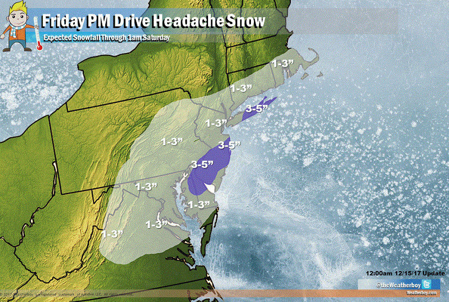 Only light snow is expected to fall on Friday, but the timing will create many headaches on Mid Atlantic roads during the PM drive. Image: Weatherboy