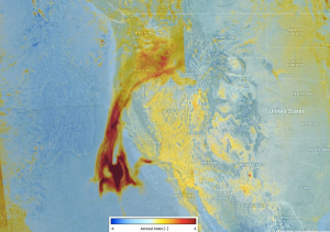 An image generated from data captured by the Sentinel-5P satellite shows aerosols around much of the US West Coast due to recent fires. Image: ESA/Copernicus Sentinel data (2017), processed by KNMI