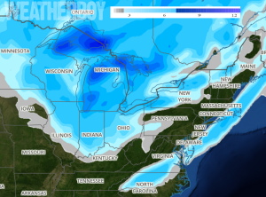 With a storm system being pushed further south and east than initially thought, the odds of a significant snowstorm for the Mid Atlantic and New England areas have diminished. Image: Weatherboy.com