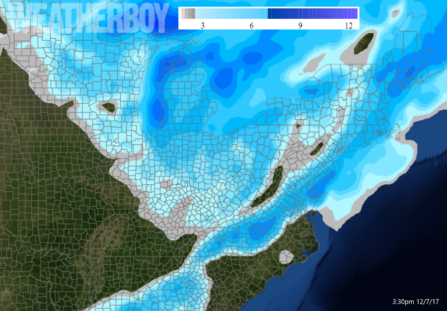 Light to moderate snow will fall over portions of the eastern Mid Atlantic and New England coastal areas late tomorrow into Saturday. Map: Weatherboy.com