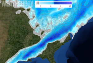 A wide area of 4-8" of snow will fall from the Appalachians into the Mid Atlantic and Northeast tonight into tomorrow. Map: Weatherboy.com