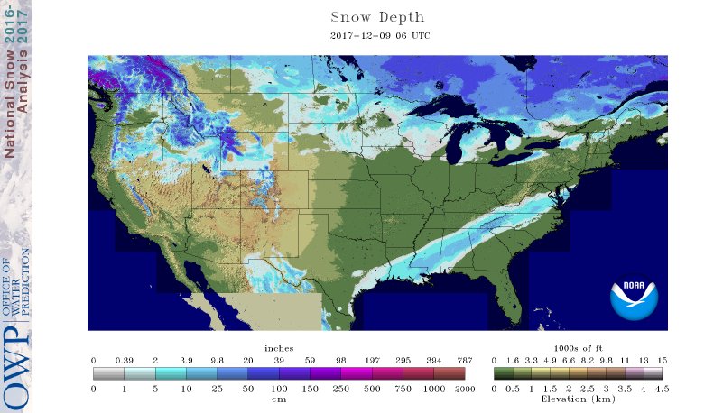 Snowcover exists unusually far south, as this map which captured snowfall through early this morning shows. Image: National Weather Service National Operational Hydrologic Remote Sensing Center