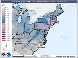 Strong winds, with some potentially damaging gusts, are expected on Christmas Day in the eastern US. Image: NWS