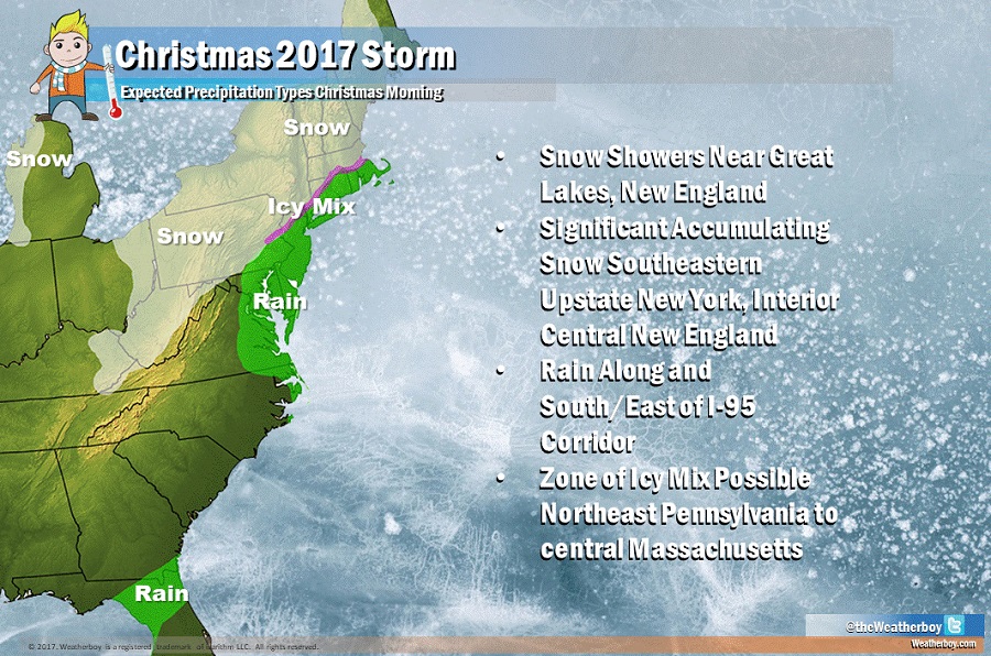 Weather conditions will be unsettled in the East on Christmas morning; however, most snow on Christmas Day will be confined to areas well north/west of the I-95 corridor. Image: Weatherboy