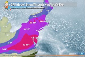 The American GFS model suggests hefty snow totals across portions of the Mid Atlantic, sparing northern New England from the most heavy, most widespread snow.