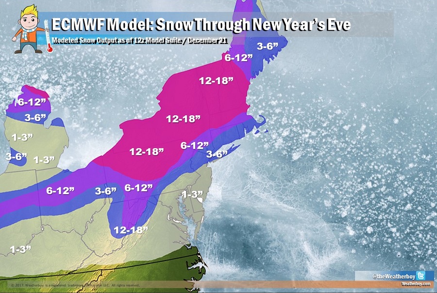 The European ECMWF model believes the most snow between now and New Year's Eve will fall across New England.