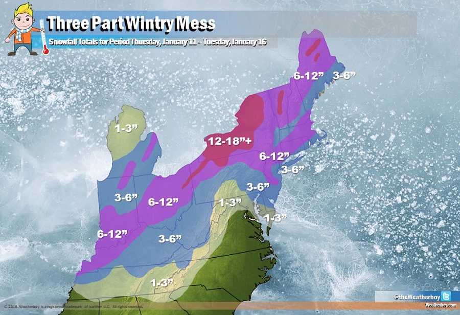 The Three Part Wintry Mess will drop significant snowfall when all is said and done by Tuesday night. Image: Weatherboy
