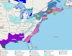Watches and Warnings continue to expand as the Blizzard of 2018 forms today off the US east coast. Image: Weatherboy