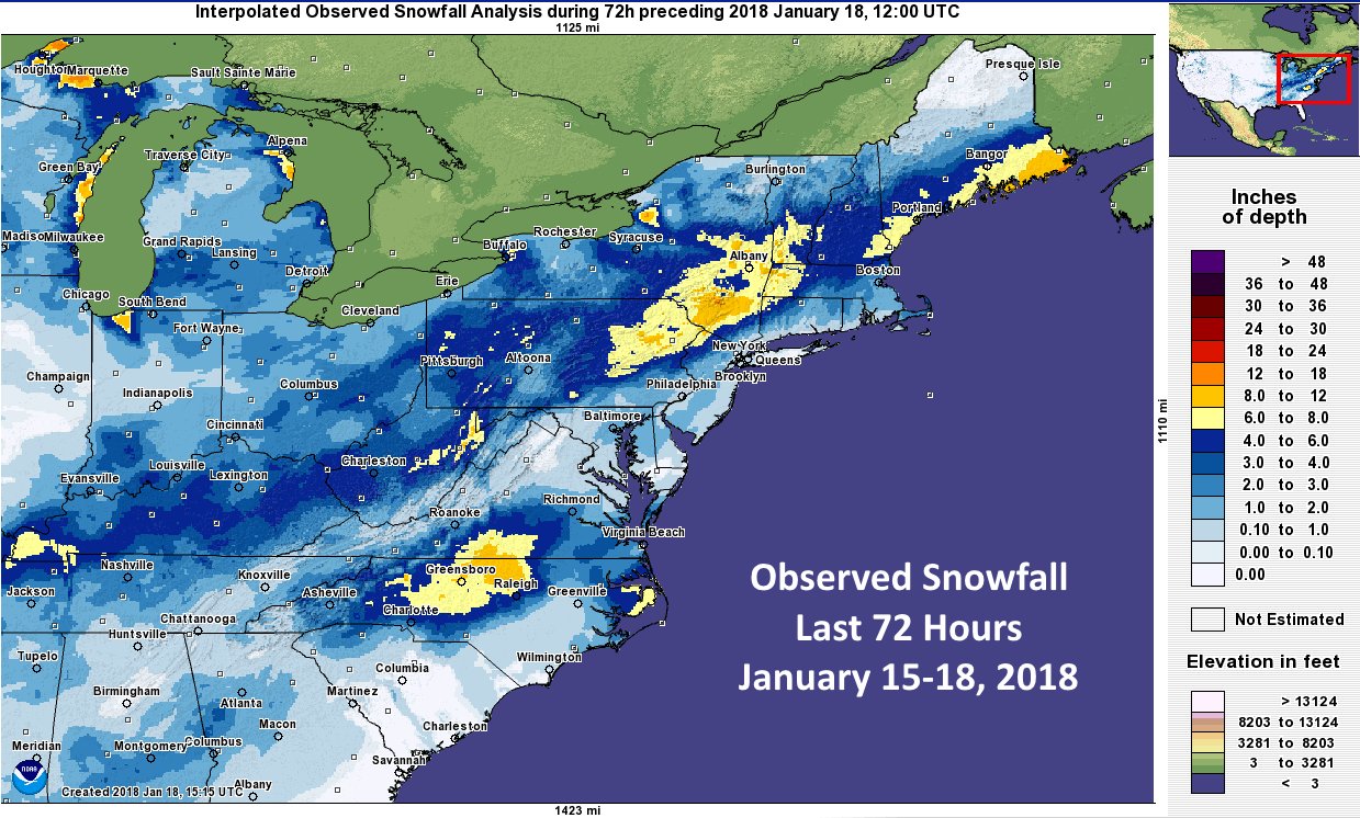 Significant snow returned to the eastern United States, with snow reported from Maine to Florida and back to the Texas Gulf region. Image: NWS