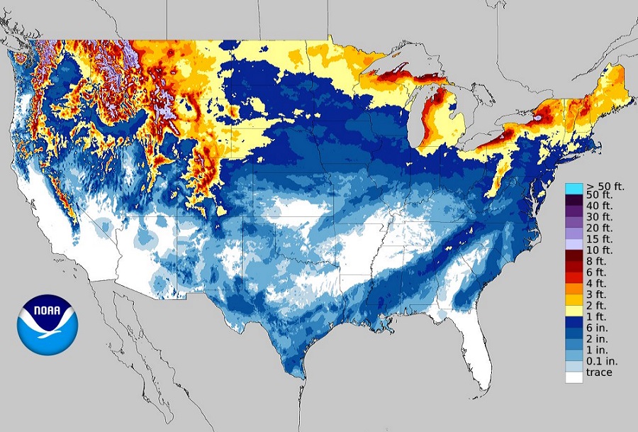 It's been rather snowy in the United States over the last few weeks. This map reflects how much snow has accumulated in the continental United States since the end of September through yesterday. Image: NOAA / National Operational Hydrologic Remote Sensing Center