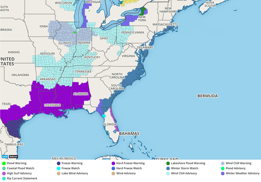 Latest advisory map from Weatherboy.com shows Winter Storm Watches in effect from Florida to Massachusetts. The storm responsible for this wintry weather will eventually create blizzard conditions in portions of the northeastern US and/or Canadian Maritimes. Image: Weatherboy