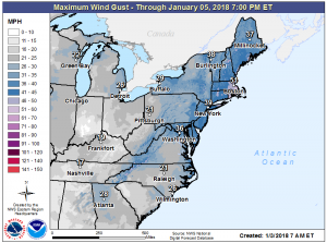 The Blizzard of 2018 will produce intense winds up and down a large part of the eastern United States. Image: National Weather Service.
