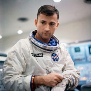 Astronaut John W. Young, the pilot of the Gemini-Titan 3 prime crew, is shown suited up for GT-3 pre-launch test exercises. Photograph: NASA