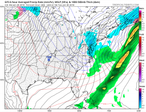 Some mesoscale banding may set-up over southeastern Pennsylvania and southern New Jersey on Tuesday morning, as this GFS forecast model suggests, but even so, accumulation amounts should be light from this system. Image: Tropicaltidbits.com