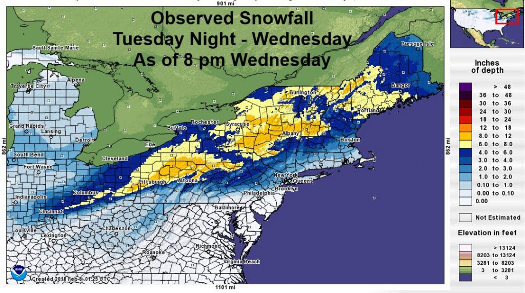 Snow is wrapping up in the northeast tonight, with some areas picking up another foot of fresh snow with this storm.  Image: National Weather Service