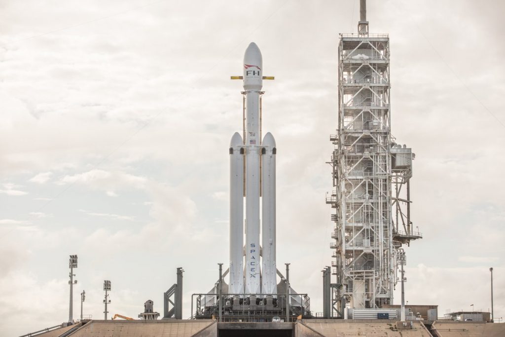 The Falcon Heavy sits on the launch pad at NASA's Kennedy Space Center in Florida. Photograph: SpaceX