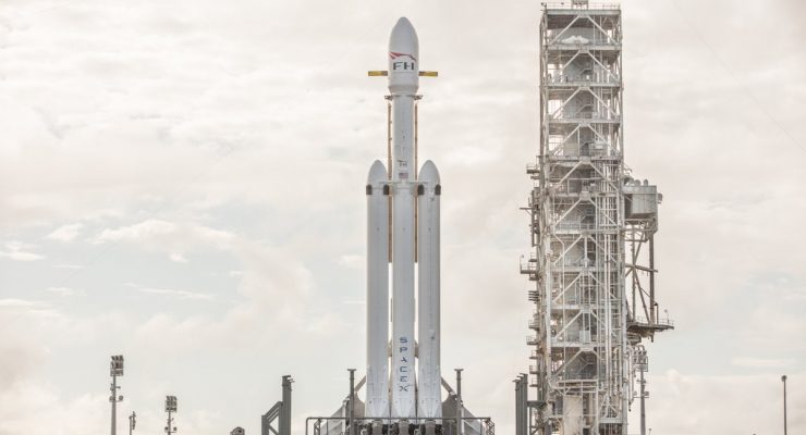 The Falcon Heavy sits on the launch pad at NASA's Kennedy Space Center in Florida. Photograph: SpaceX