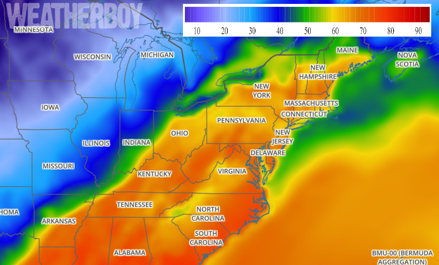 Temperatures in the 70's are expected as far north as central New England by Wednesday. Image: Weatherboy.com