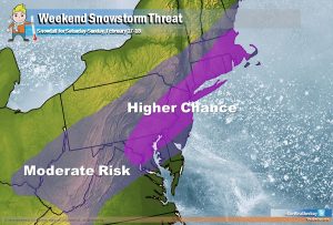 A weekend snowstorm is becoming more likely for portions of the Mid Atlantic and Northeast, especially the I-95 corridor between Baltimore and Boston. Image: Weatherboy