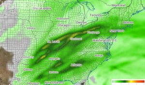 The weather pattern supports hefty precipitation amounts; this map shows the liquid/liquid equivalent expected over the next 72 hours. Image: Weatherboy.com