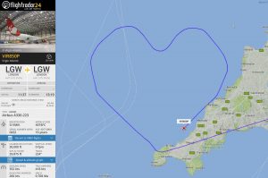 Virgin Atlantic flew in a heart-shape pattern today off the coast of England.  Image: FlightRadar24