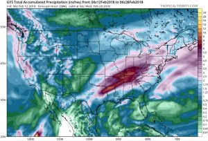 The American GFS model shows several inches of rain will fall over the balance of the month, across a large portion of the eastern half of the country. Pockets of heavier precipitation will also exist in the western US. Image: TropicalTidbits.com