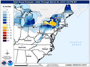 This powerful storm could produce heavy snow; currently, the area most likely to see heavy snow is upstate New York just above the NY/PA state line. Image: NWS