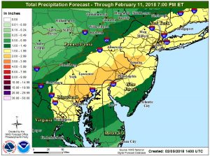 Some of the heaviest rain will fall near the I-95 corridor between Baltimore, MD and New Brunswick, NJ. Image: NWS