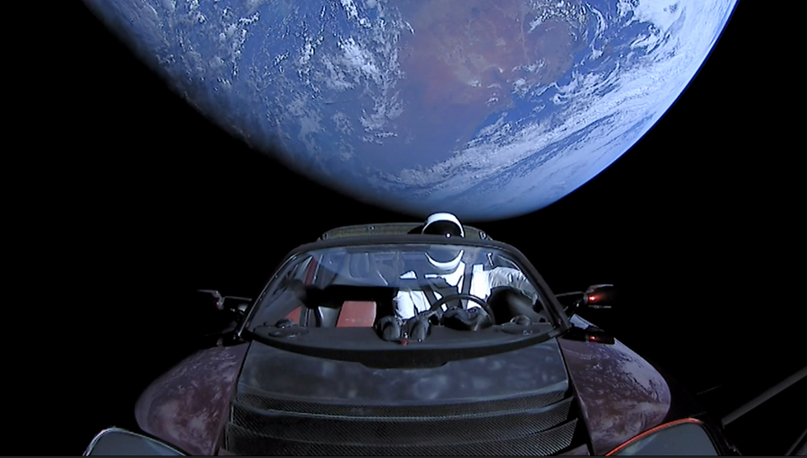 SpaceX's "Starman" heads into space after an orbit around Earth. Image: SpaceX