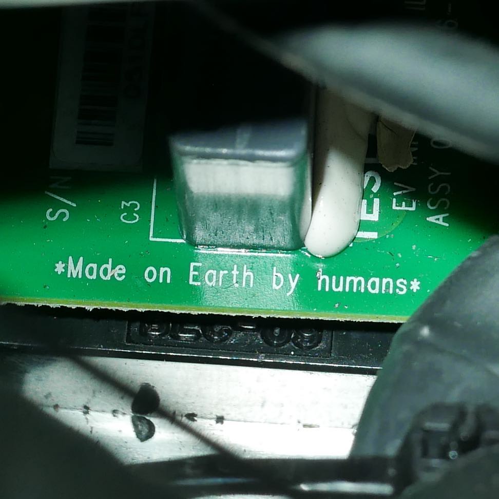 The inside of the Tesla Roadster carrying "Starman" into space includes a circuit board that says, "Made on Earth by humans."  Image: SpaceX