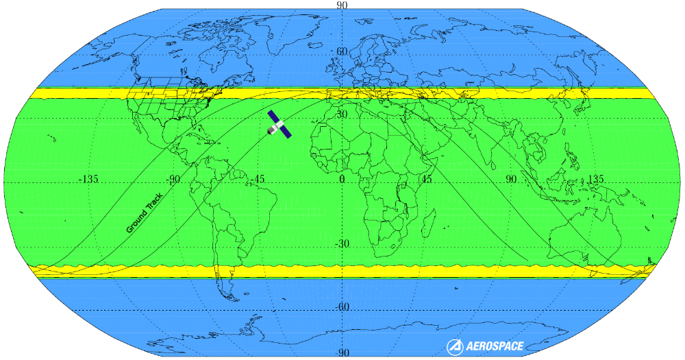 Aerospace Corporation has identified the area in yellow as the most likely to be impacted by the falling Chinese Space Station. Image: Aerospace Corporation