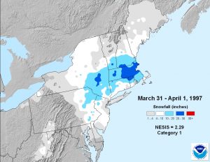 In 1997, more than 20" of snow fell in portions of the northeast on April 1. Image: NWS/NOAA