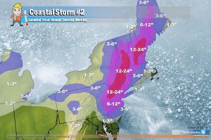 Another potent coastal storm will bring heavy snow to the northeast. Our first call, depicted here, reflects 70% confidence level in the forecast track of the storm. Image: Weatherboy.com