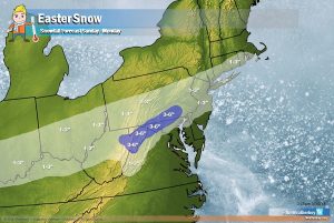 A blanket of snow is expected to fall from west to east on Easter Sunday into Monday in the portions of the Mid Atlantic. Image: Weatherboy