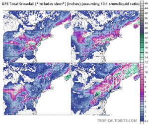 Global computer forecast model guidance is bullish on east coast snowstorm threats next week. The last 4 0z/12z releases of the American GFS forecast model, shown here (newest, next oldest, older, oldest) consistently show heavy snow falling in portions of the Mid Atlantic or New England for next week. Images: tropicaltidbits.com