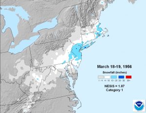 1956 snowstorm brought heavy snow to the New York City metro area on March 18-19. Image: NOAA
