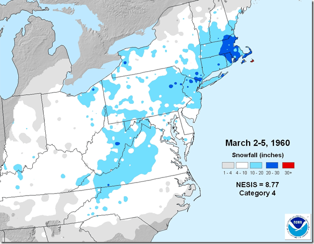 A storm from March 2-5 in 1960 dropped significant snow across a large area stretching from North Carolina to Maine and west to the Ohio River Valley. Image: NOAA