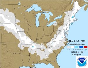 A storm in 2009 produced a large area of snow from the Midwest into the interior Southeast and up the Mid Atlantic and New England coast. Image: NOAA