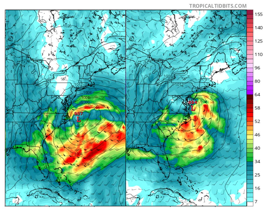The European ECMWF model forecast shows yet another strong nor'easter impacting the eastern United States next week. This chart reflects 850hpA height, Winds in knots, and MSLP centers for last night, left, and next Tuesday night, right. Image: Tropicaltidbits.com