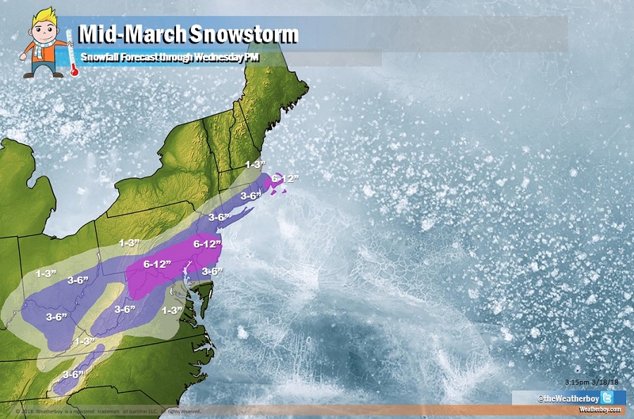 Heavy snow is expected from a snowstorm in the northeastern United States this week. The heaviest snow is likely to fall over portions of Maryland, Pennsylvania, Delaware, and New Jersey. Image: Weatherboy
