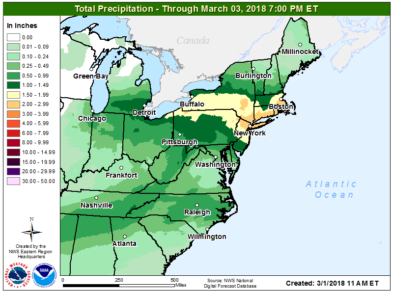 Heavy rains, some amounts near or just over 3", could create flood conditions in the northeast. Image: NWS