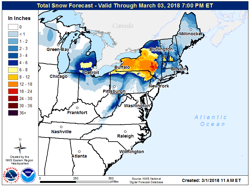 A heavy wet snow is expected to fall inland, with some areas receiving well over a foot of snow. Wet snow flakes may fly as far south as Maryland and Delaware, including eastern Pennsylvania and New Jersey. However, most accumulating snow should remain north and west of the I-95 corridor. Image: NWS