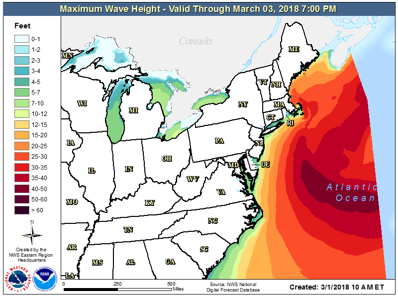 Massive waves will form in hurricane-force winds over the Atlantic; while 50-60'+ waves will remain over open waters, very rough, dangerous surf will pound the entire east coast, producing coastal flooding and beach erosion problems. Image: NWS