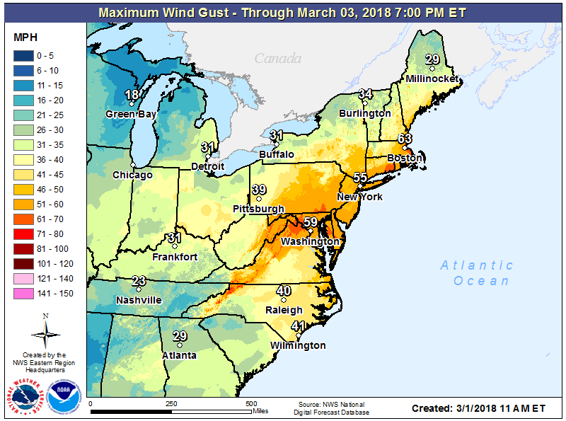 Powerful wind gusts will extend far inland, producing power interruptions throughout a large part of the east coast. Image: NWS